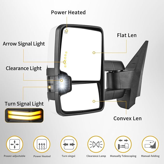 DWVO Towing Mirrors Compatible with 07-13 Silverado Sierra 1500 2500 HD 3500 HD Avalanche Suburban Tahoe Yukon, Turn Signal Light Running Lights Power Heated Manually Folding Switchback White