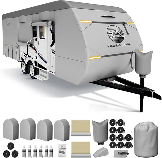 Heavy Duty Travel Trailer RV Cover 22-24ft, 8 Layers Breathable Waterproof Rip-Stop Camper Cover with Adhesive Repair Patches, Gutter, Tire & Addition