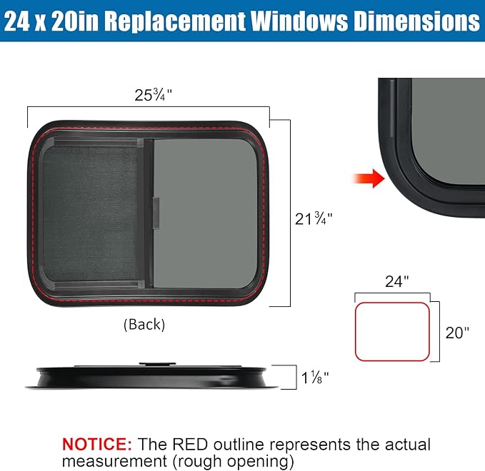 Horizontal RV Window, 24" W x 20" H Tinted Sliding RV Window with Net Screen and Trim Ring, Suitable for 15/16" or 1-3/8" and Slightly Thicker Up to 1/16" Walls, DOT Approved