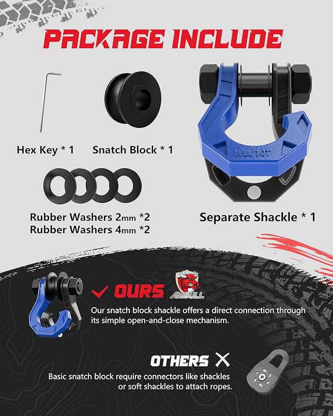 D Ring Separate Shackle with Snatch Block, 3/4" Easy Open Shackles w/Snatch Block Pulley, Heavy Duty Shackle for Towing Winch, Pulley for Off-Road Vehicle Recovery, Truck, ATV, UTV, BlackBlue