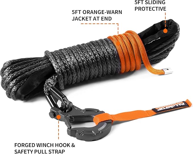 ALL-TOP Synthetic Winch Rope w/Hook & Isolator, 3/16in x 50ft, 8350Lbs UHMWPE Cable Replace Kit, Forged Hook & Rubber Stopper & Safety Pull Strap