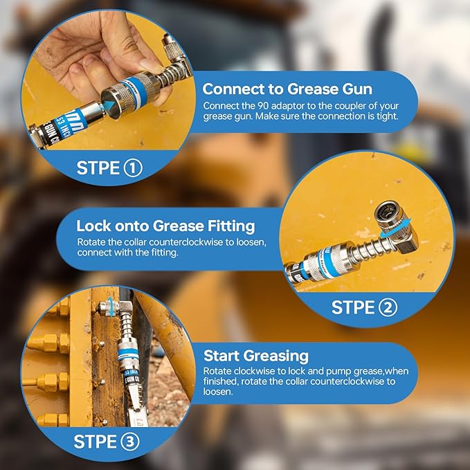 90 Degree Grease Gun Coupler - Upgraded 4-Jaw Quick Release Lock on Grease Coupler Adapter for Tight Spaces, 10,000 PSI High Pressure Heavy Duty Right Angel Grease Gun Tips