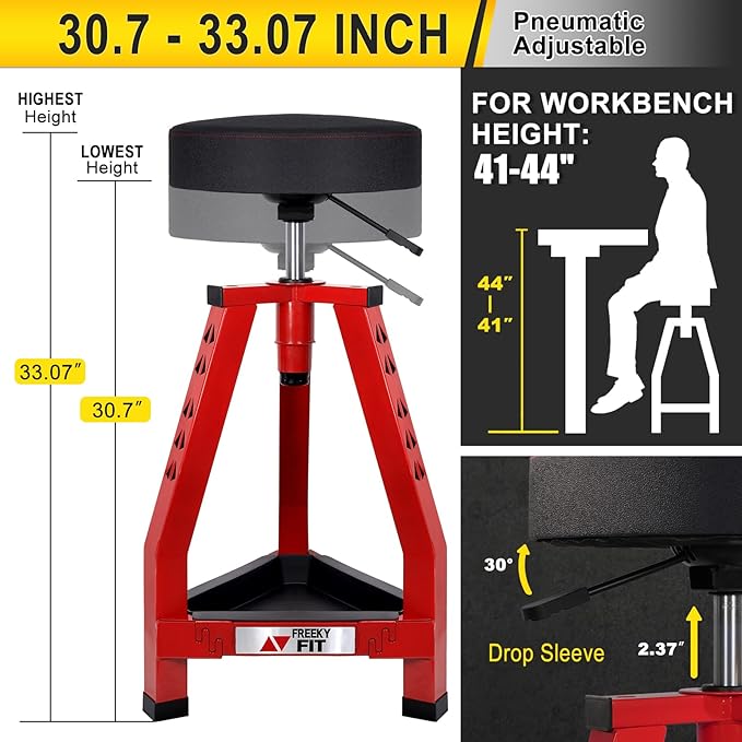 Adjustable Tall Shop Stool, Mechanic Garage Bar Stool Chair, Work Metal Chair for Workshop,360° Swivel Padded Seat, Tool Tray Storage, 350 LBS Capacity, Heavy Duty, Red
