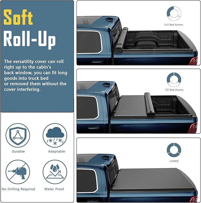 Perfit Liner Soft Roll Up Truck Bed Tonneau Cover for 8 FT (96") 1999-2014 Chevy Silverado GMC Sierra 1500 2500 3500 HD 8 FT Cover