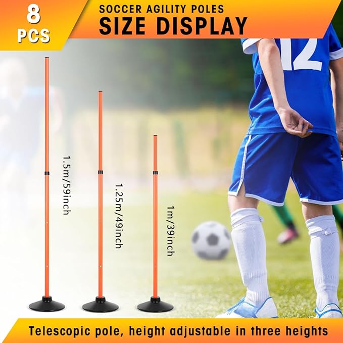 8 Pcs Soccer Agility Poles Detachable Sports Training Speed Slalom Poles with Rubber Base Coaching Sticks for Soccer Drills and Training
