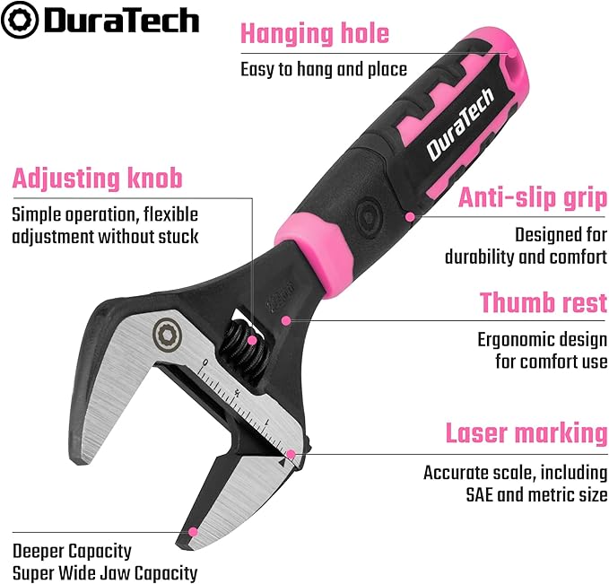 DURATECH 8-Inch Adjustable Wrench, Wide Jaw Opening Plumbing Wrench, CR-V Steel, SAE and Metric Scale Marked, Ergonomic Grip