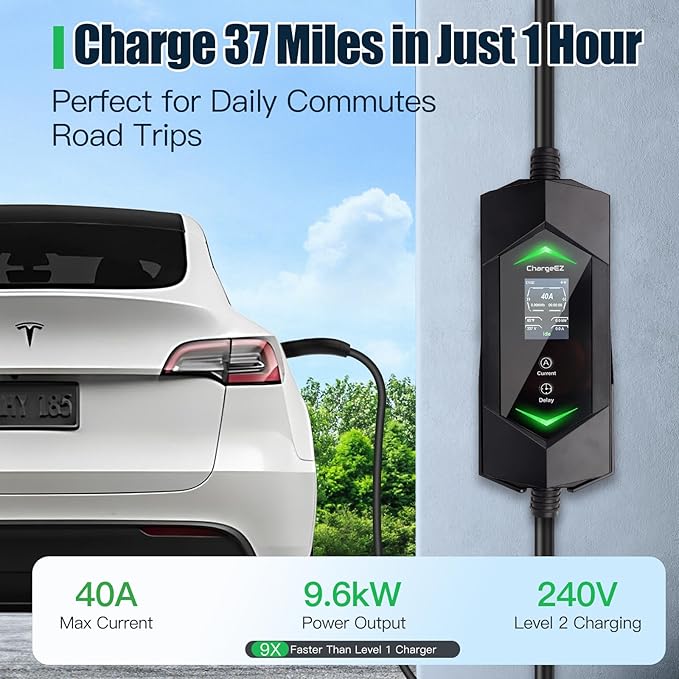 Tesla Portable Charger Level 2-40 Amp Home/Outdoor EV Charger with Smart App, Delay Timer, 25Ft Cable, NEMA 14-50 Plug, FCC/UL/ETL Certified, Compatible with Model 3/Y/X/S/Cybertruck(NACS)