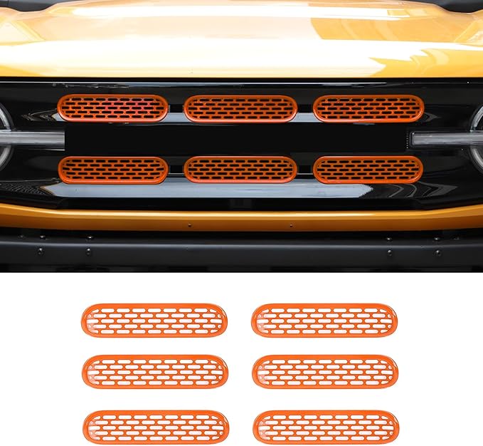 Front Grill Mesh Grille Inserts Cover Frame Trims Kit 6Pcs Fit for Ford Bronco 2021-2024 2/4 Door Exterior Accessories (Orange)
