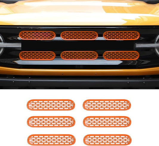 Front Grill Mesh Grille Inserts Cover Frame Trims Kit 6Pcs Fit for Ford Bronco 2021-2024 2/4 Door Exterior Accessories (Orange)
