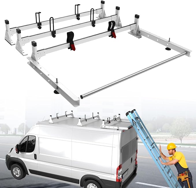StarONE 57" Heavy Duty Steel Van Roof Rack,Van Ladder Rack with Rear Cargo Roller Fit for 2013-2023 Ram Promaster,White,3 Bars,800lbs