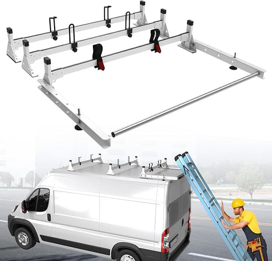 StarONE 57" Heavy Duty Steel Van Roof Rack,Van Ladder Rack with Rear Cargo Roller Fit for 2013-2023 Ram Promaster,White,3 Bars,800lbs
