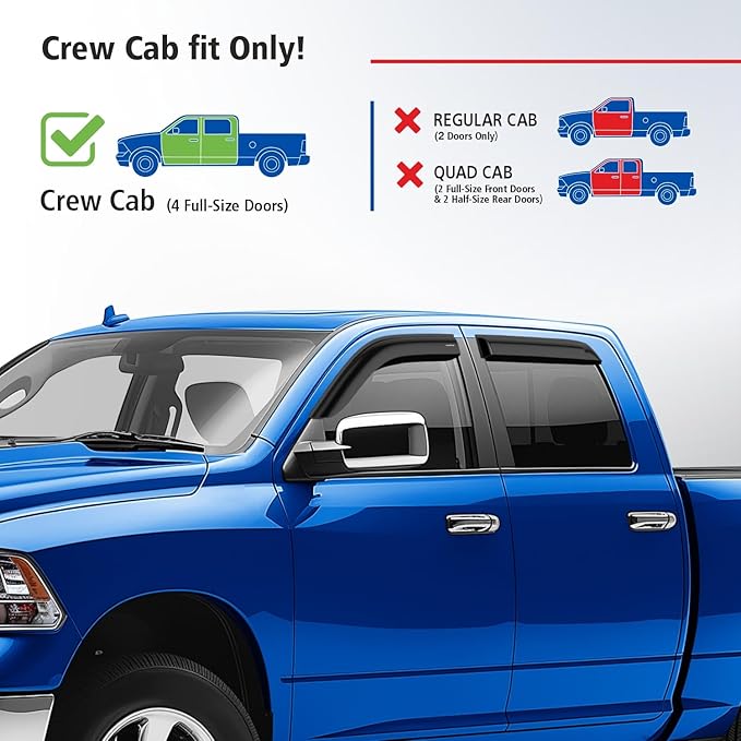 Goodyear Shatterproof Window Deflectors for Dodge Ram 1500 2009-2018 Crew Cab, Tape-on Rain Guards, Window Visors, Vent Deflector Visor, Car Accessories, 4 pcs. - GY008884