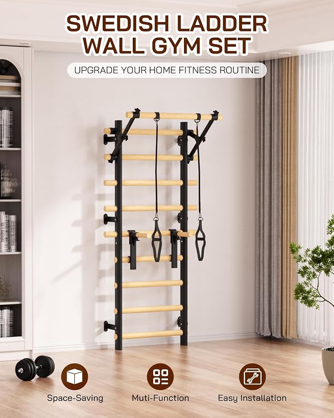 Swedish Ladder Wall Gym, Wooden Wall-Mounted Stall Bars with Pull-up Bar & Exercise Straps & Dip Bars, Stretching Ladder Full Body Home Gym for Adults