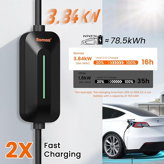 Romaa Level 2 & Level 1 EV Charger for Tesla Mobile Charing, 16 Amp 220V-240V NEMA 6-20 Plug, 12A 110V-120V NEMA 5-15 Adapter, 25FT Cable, NACS Connector Electric Car Charger for Tesla Model 3/Y/X/S