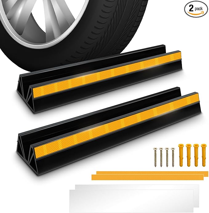 2 Pcs 18'' Parking Car Wheel Stopper for Garage with 2 Installation Methods, Heavy Duty Tire Stops with Reflective Tapes, Car Parking Aids for Garage, Easy to Install
