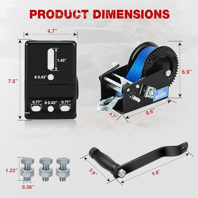 Nilight Boat Trailer Winch 3500 LBS Hand Crank Winch Heavy Duty Boat Winches with 33 FT Blue Strap Rope Hook Two Way Ratchet 4:1 8:1 Gear Portable Marine Manual Winch for Trailers Boat RV ATV Towing
