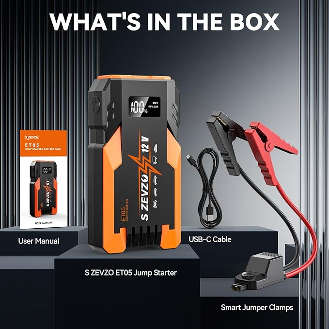 S ZEVZO ET05 Jump Starter 3000A Portable Car Jump Starter Battery Pack (7.2L Gas/ 5.5L Diesel), 51.8Wh 12V Jump Box with USB Ports, LCD Display and 3 Modes Flashlight