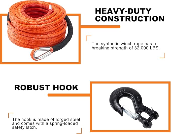 SPARKWHIZ Synthetic Winch Rope Cable Kit: 1/2" x 100 ft 32000lbs Winch Line Cable with Protective Sleeve + Winch Hook for 4WD Off Road Vehicle Truck SUV UTV ATV