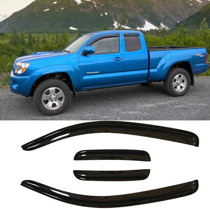 4pcs Original Shatterproof Outside Mount Style Window Rain Guards Durable Side Wind Deflectors Dark Smoke Nice Looking Vent Window Visors fit for 2005-2015 Toyota Tacoma Extended cab (Access) TY4P07