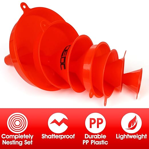 DEDC Oil Funnels Plastic Set for Car Automotive Kitchen Mini Small Large Red (7 PCS Oil Funnels)