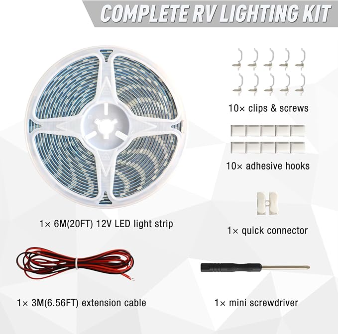RV Awning Light,12V 20FT Camper Awning Lighting,Waterproof LED Strip,Exterior Underglow Lighting for RV Motorhome Travel Trailer Food Truck Outdoor Party (White, 20FT)