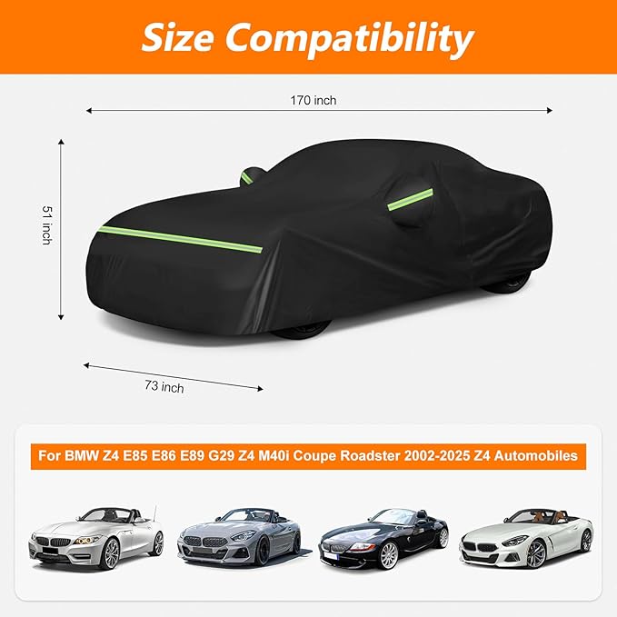 Car Cover for BMW Z4 E85 E86 E89 G29 Z4 M40i Coupe Roadster 2002-2025 Z4 Automobiles, Waterproof 210D Oxford Cloth and Cotton Full Car Covers with Zipper Windproof Heavy Duty All Weather (Black)