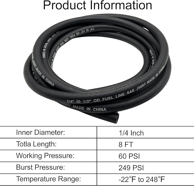 1/4" ID Fuel Hose Line Braided NBR Rubber Tubing 8 Feet for Automotives Generator Lawn Mower with 10 Clamps (6.4mm ID)
