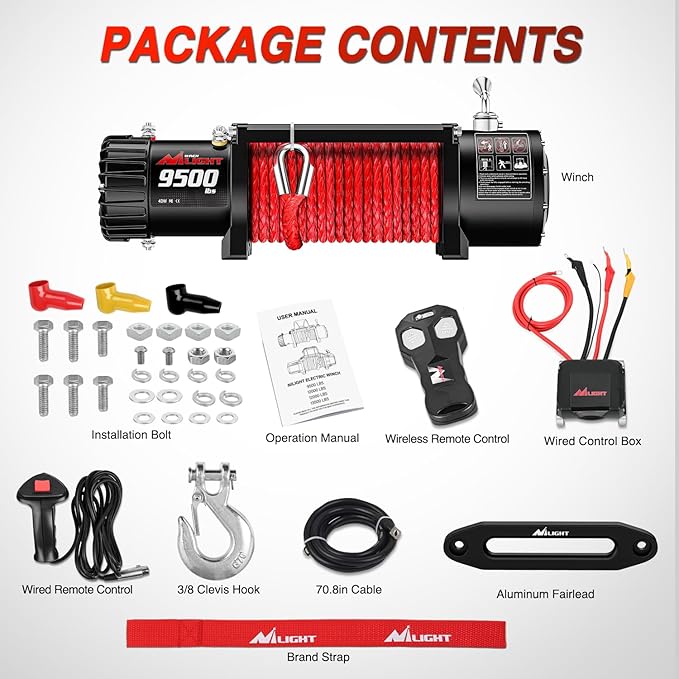 Nilight Electric Winch 12V Waterproof IP68 Towing Winches for Trailer Jeep ATV UTV Truck SUV 9500 LBS Portable Badlands Winch with Synthetic Rope Hawse Fairlead Wired Handle Wireless Remote Red Rope