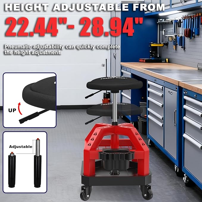 Rolling Shop Stool with Wheels, Heavy Duty Garage Work Mechanic Stool, Adjustable Height 22.44"-28.94", 360°Swivel Rolling Chair with Tool Tray Storage, 330 LBS Capacity, Red