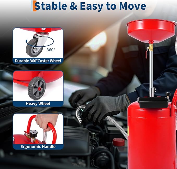 20 Gallon Waste Oil Drain Tank Portable Air Operated Oil Drainer with Adjustable Funnel Height 38 to 65 Inches 15 Inch Funnel Fluid Fuel Transfer Drain Container with 360 Degree Wheels and Toolbox Red