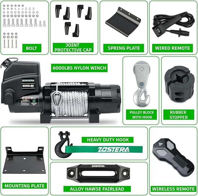 Winch with 1/4"×55 ft Synthetic Rope Electric Winch 12v 6000lbs, Trailer Winch with Wireless Remote &Manual Switch, with Pulley+Rubber Stopper,IP68 Waterproof, for Off Road ATV UTV