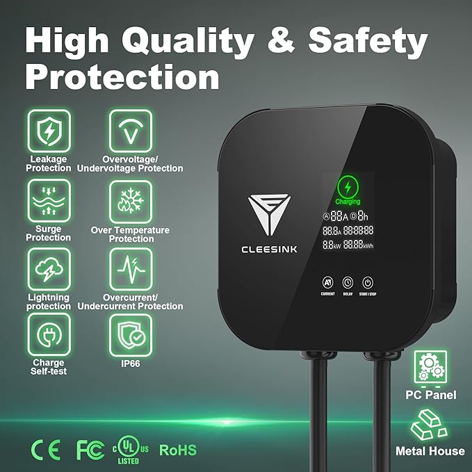 CLEESINK Level 2 EV Charger, 40A 240V Indoor/Outdoor Electric Vehicle Charging Station, NEMA 14-50, 23ft Cable UL Listed Home Electric Car Universal Wall Charger EVSE, Settable Amps & Time, Black