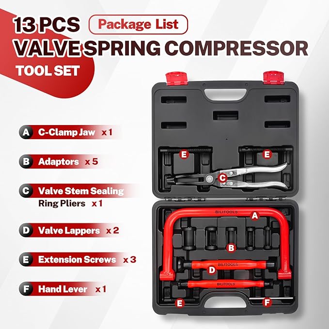 BILITOOLS 13pcs Valve Spring Compressor Tools with Straight Valve Stem Seal Plier, Valve Lapping/Grinding Tool
