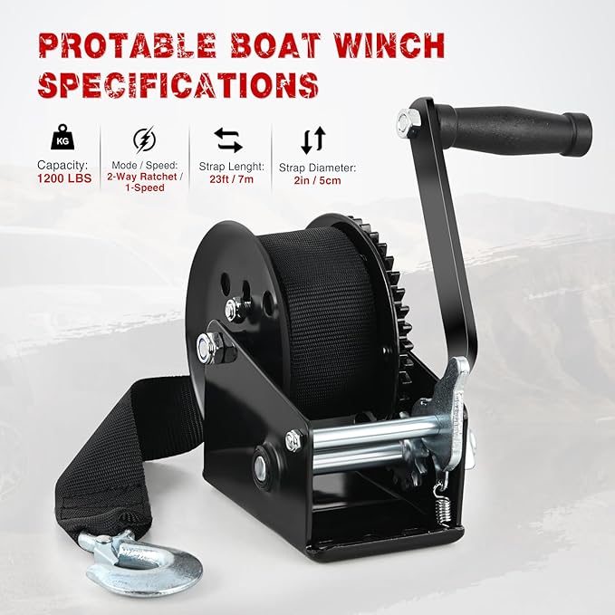 Nilight Boat Trailer Winch 1200 Lbs Hand Crank Winch Heavy Duty Boat Winches with 23Ft Strap Rope Hook 2-Way Ratchet 4:1 Gear Portable Marine Manual Winch for Trailers Boats RV ATV Jet Ski Towing