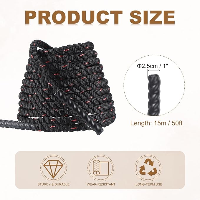 MECCANIXITY Battle Rope 50ft x 1 Inch Polyester Workout Rope Heavy Fitness Exercise Rope for Strength Training Home Gym Muscle Building, Black Red