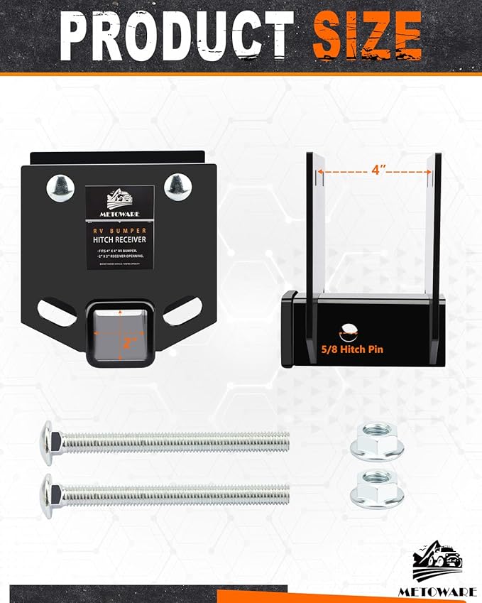 METOWARE RV Bumper Hitch Receiver, 2 Inch Hitch Adapter Fits for 4 inch X 4 inch Square Rear Bumpers, 3500 LBS Capacity Heavy Duty Receiver for RV, Cargo, Trailer, Cargo