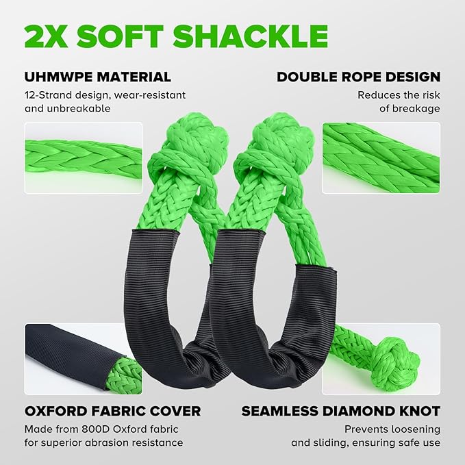 Kinetic Recovery Rope,1.26" x30ft Heavy Duty Offroad Tow Rope/60600 lbs Snatch Strap with Soft Shackles, 100% Nylon Offroad Towing Straps Kit for Truck ATV UTV SUV Jeep Car Tractor - Green