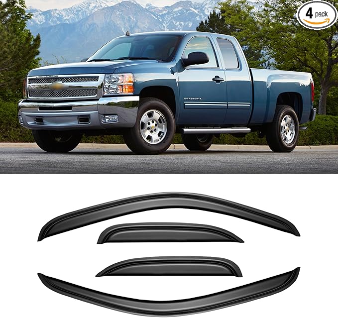 Window Rain Guards for 2007-2013 Chevy Silverado & GMC Sierra 1500 for Extended Cab, Window Visor Vent Wind Shade Deflector Shield Protector Sun for 07-14 Silverado & Sierra 2500 HD/ 3500 HD, Tape-on