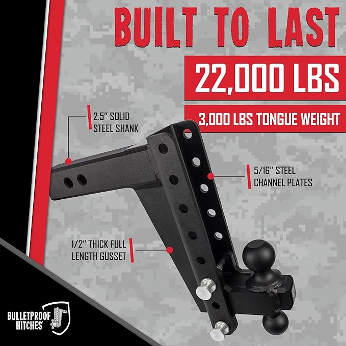 BulletProof Hitches - 2.5" Adjustable Heavy Duty Trailer Hitch (22,000 lb. Rating) - 10" Drop/Rise Trailer Hitch with 2" & 2-5/16" Dual Ball - Powder Coat, Solid Steel, Corrosion-Resistant