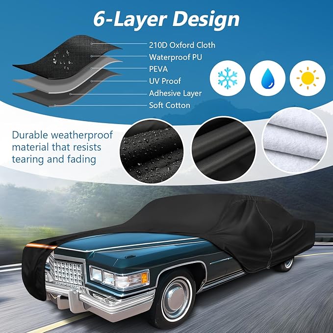 Car Cover for Cadillac Deville 1959-1984 Sedan de Ville 4 Door Car Covers All Weather Protection Waterproof Windproof Outdoor Full Car Cover with Door Zipper