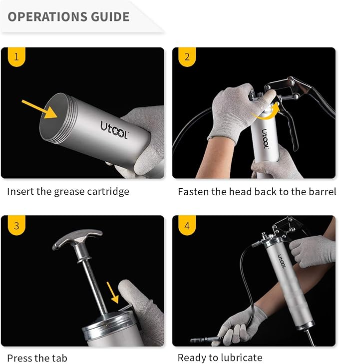 UTOOL Grease Gun, 8000 PSI Heavy Duty Pistol Grip Grease Gun Kit with 14 oz Capacity, 18 Inch Resin Flex Hose, 2 Basic Coupler, 2 Extension Rigid Pipe and 1 Sharp Type Nozzle, Silver