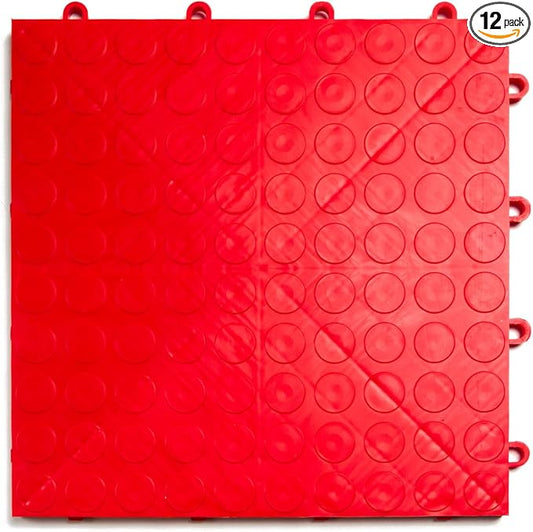GarageDeck Coin Pattern, Durable Interlocking Modular Garage Flooring Tile (12 Pack), Red
