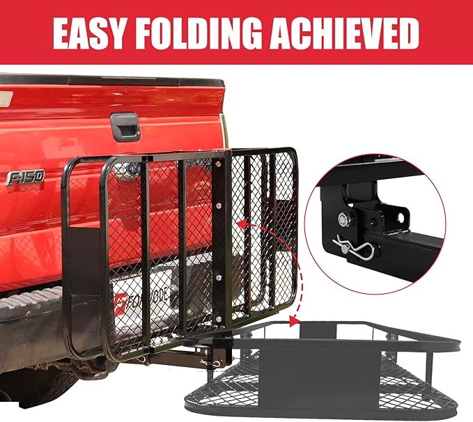 FORWODE 60x20x6 Hitch Carrier for 2 Inch Receiver, 500LB Capacity Hitch Mount Rack with Folding Cargo Basket, Rust-Resistant Coat, Includes Cargo Net