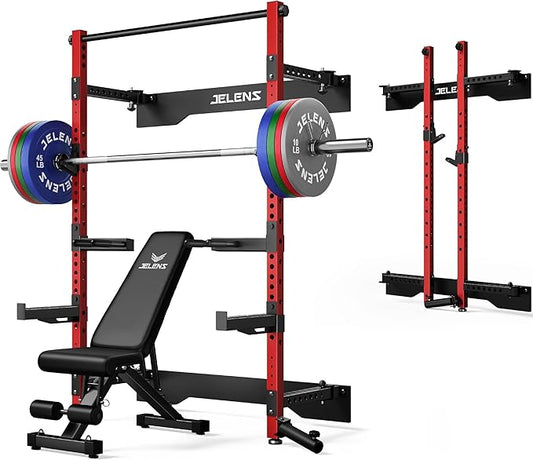Folding Squat Rack, Wall Mounted Power Rack for Home Gym, Space Saving Multi-Functional Power Cage with Attachments