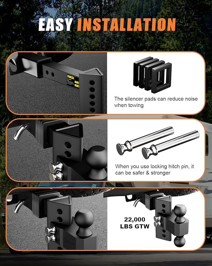 TIROL Adjustable Trailer Hitch - Fits 2'' Receiver 4 Inch Drop/Rise for Truck Hitch, 2'' & 2-5/16'' Ball Hitch, 22000 LBS GTW, Heavy Duty Towing Ball Mount, RVs, Campers, Boat Trailers