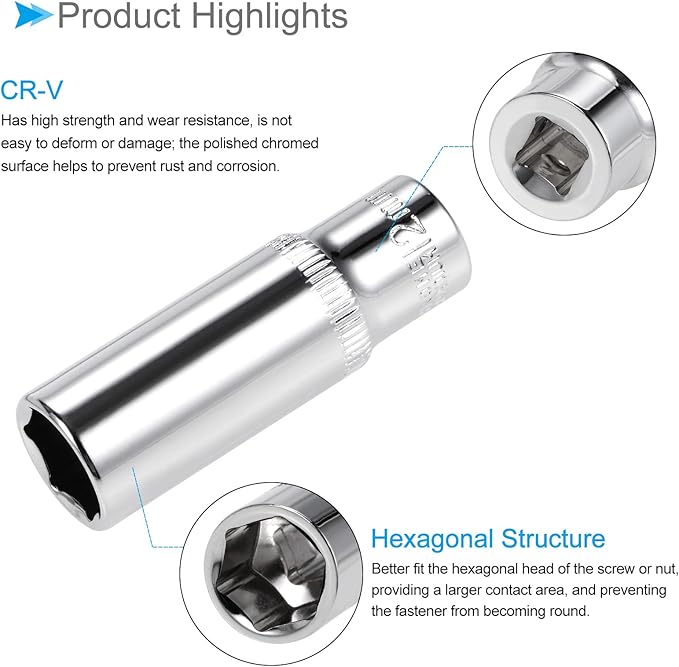 6-Point Socket, 1/4" Drive 12mm Deep, Polished Chromed CR-V Metric Deep and Shallow Impact Socket - (Applications: for Ratchet Torque Electric Wrenches Car Repair), 2-Pieces