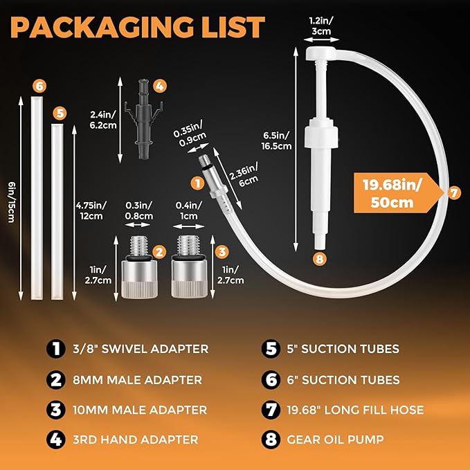Lower Unit Gear Oil Pump for Standard Quart Bottles for 28mm bottle caps，10CC Per Pump Stroke，gear oil pump for quart bottle 3/8 inch Metal Swivel， 8mm and 10mm， 3rd Hand Adapter and 19 inch hose