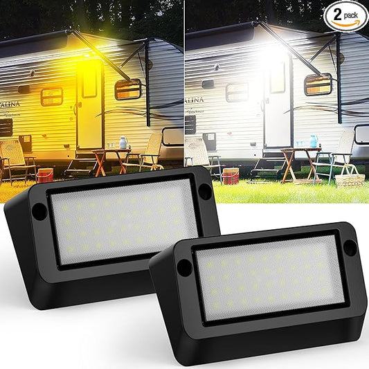 IP67 Waterproof RV LED Porch Light- Aluminum Housing, Dual Color White & Amber, Bright 1400LM Outdoor Light for Campers, Trailers, Motorhomes (Black Housing)- 2 Packs