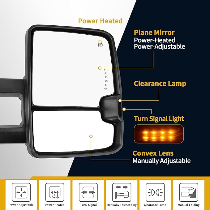 DWVO Power Heated Towing Mirrors for 2003–2007 Chevy Silverado, GMC Sierra, Tahoe, Suburban, Avalanche, Yukon XL, & Denali, Extendable Telescoping LED Turn Signal Pair, Black