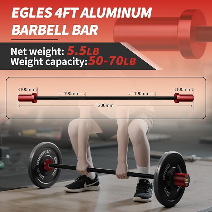 Egles Kids Barbell 5.5LB Mini Barbell Bar 4ft for Kid Women & Beginners Weighted Bar - Compatible with 2-Inch Weight Plates, for Strength Training Gym Weight Lifting, Multi-Color Training Bar